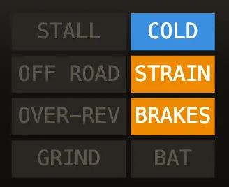 warning lamps with COLD, STRAIN and BRAKES lit