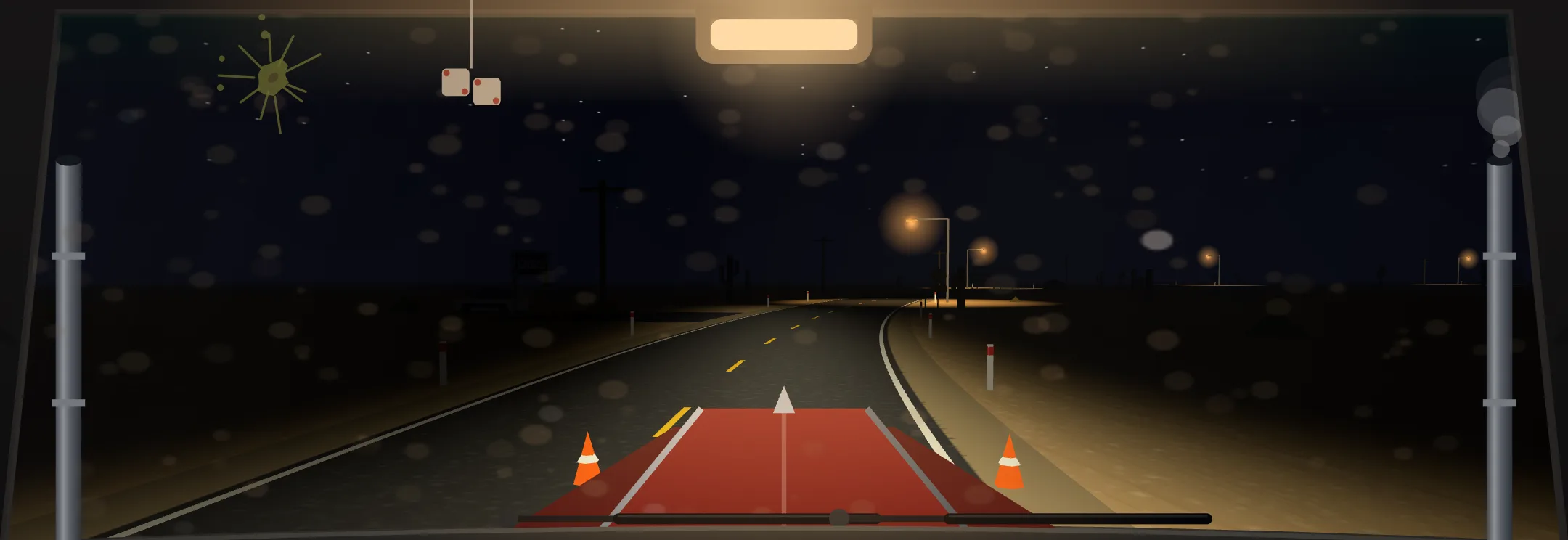 Route 66 at night, headlights on